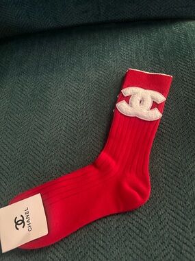 CHANEL Red Ribbed Crew Sock with White Logo Tag